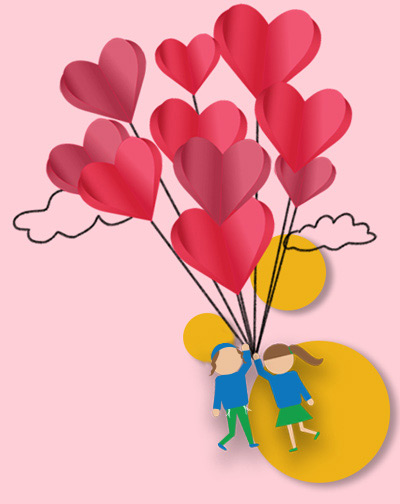 Two kids holding heart air balloons flying high